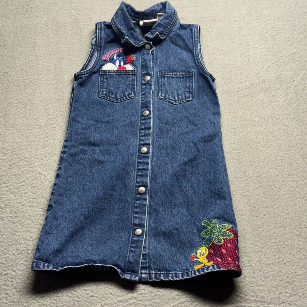 Vintage Looney Tunes Denim Jumper Dress Size 5 Tweety Sylvester Embroidered Blue